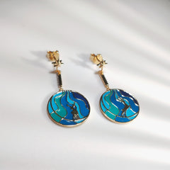 Deer Blue Enamel Circle Drop Earrings
