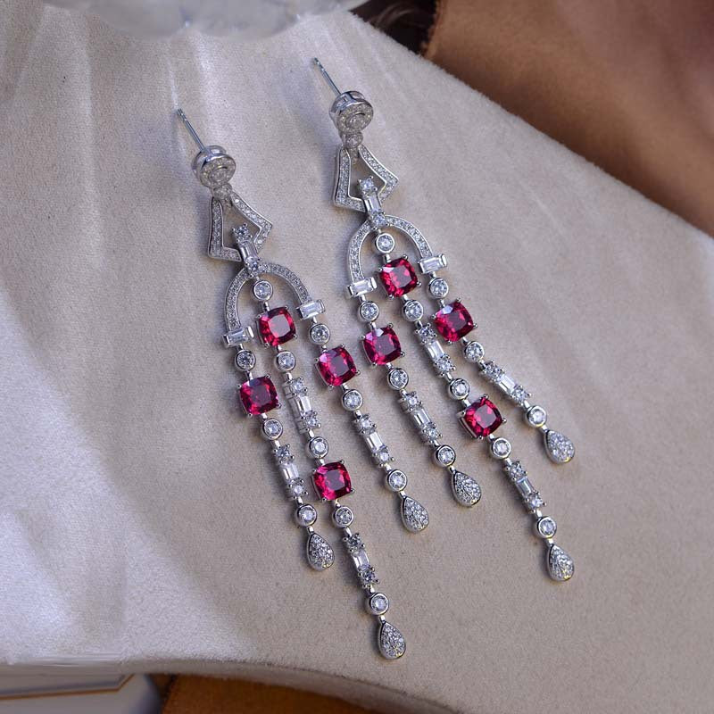 Tassels Lab-Created Ruby Silver Drop Earrings