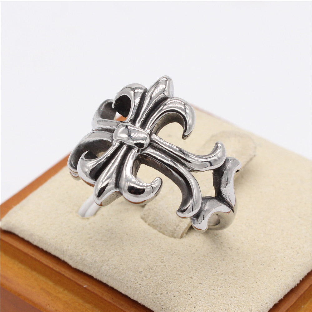 Hollow Polished Cross Flower Titanium Steel Ring for Men