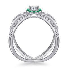 Green Zircon X-shape Exaggerated Silver Ring for Women