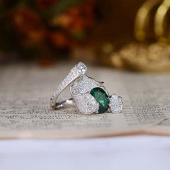 Oval Cut Lab Created Emerald Waves Silver Ring