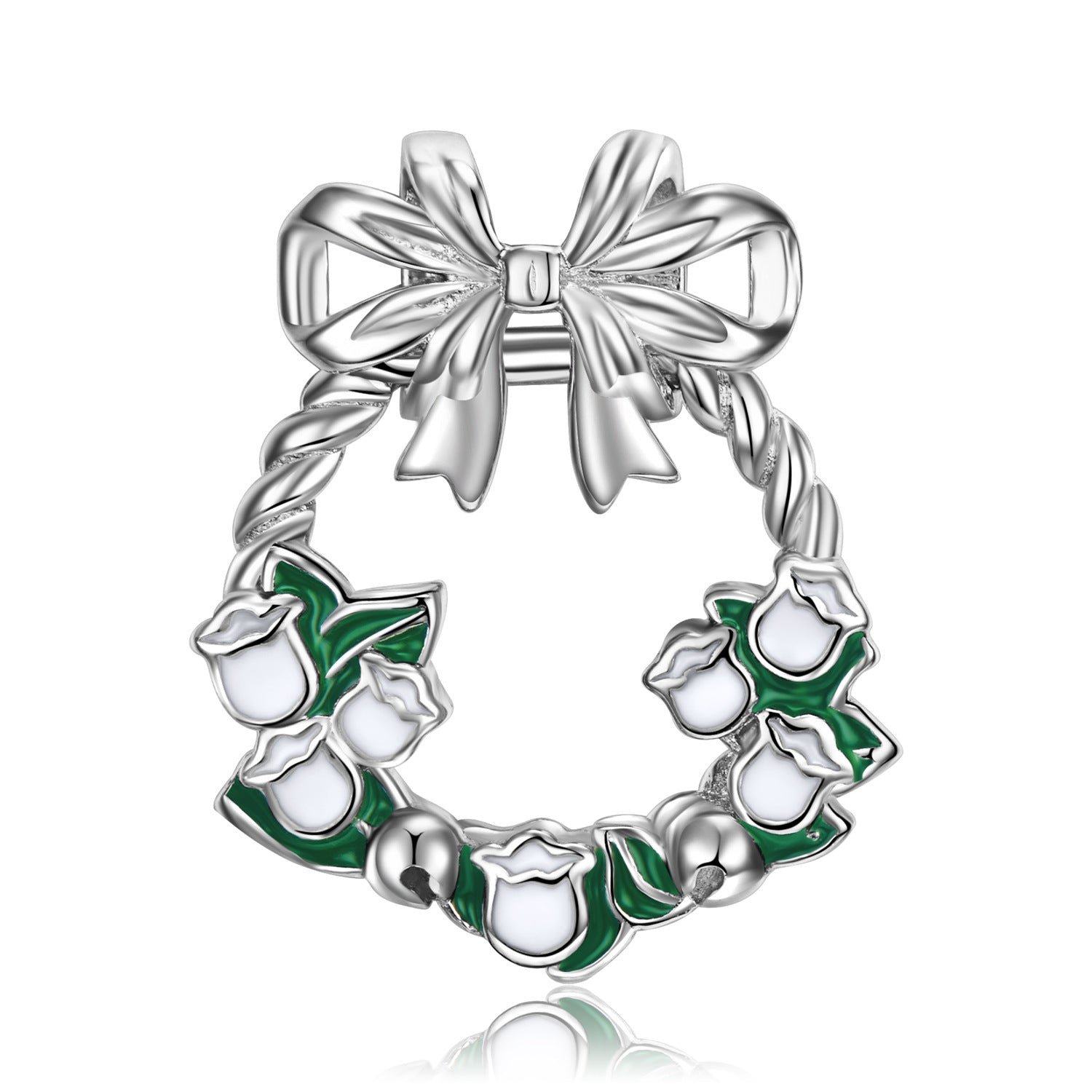 Christmas Bow Campanula Flower Wreath Silver Necklace