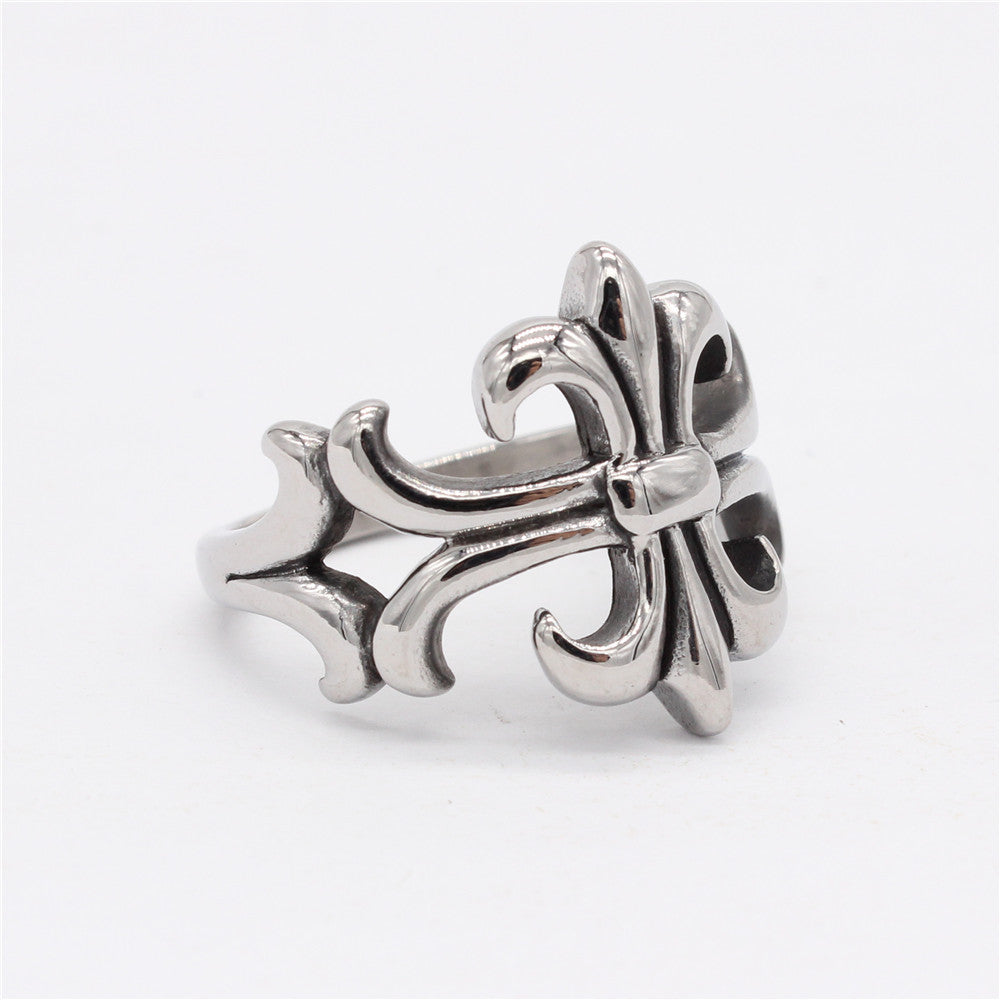 Hollow Polished Cross Flower Titanium Steel Ring for Men