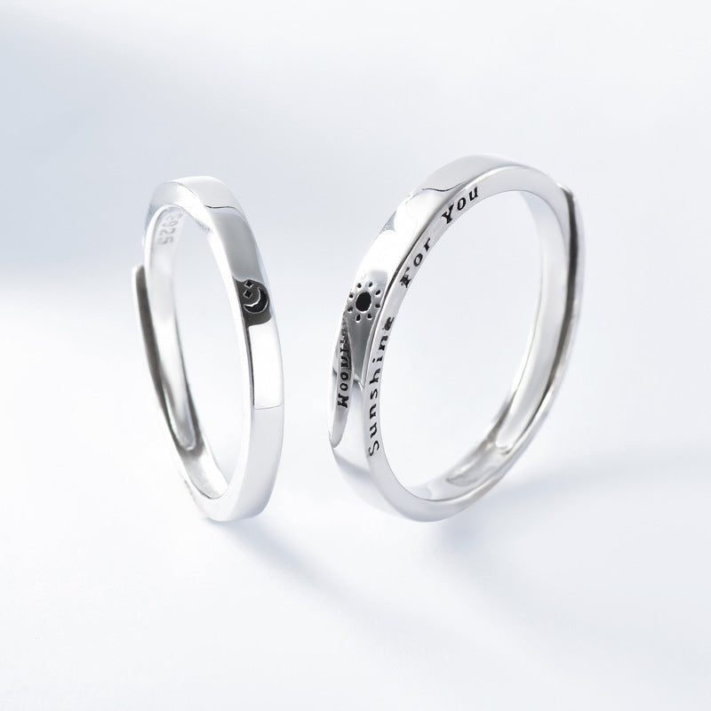 Letters with Sun and Moon Pattern Silver Couple Ring for Women