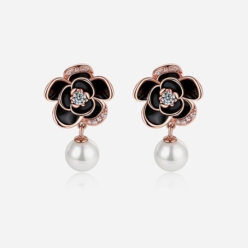 Zircon Petal Black Camellia with Pearl Silver Drop Earrings for Women