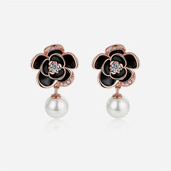 Zircon Petal Black Camellia with Pearl Silver Drop Earrings for Women