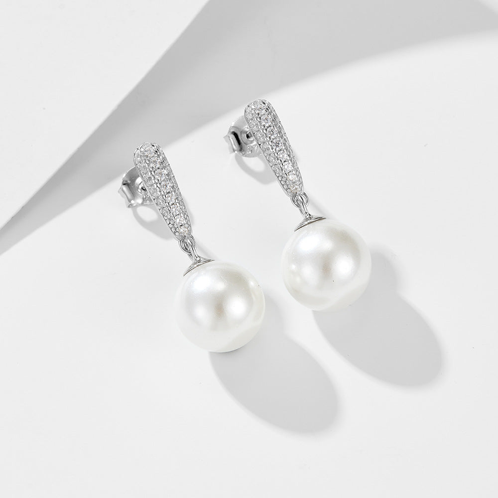 Round Pearl Pendant Zircon Sterling Silver Drop Earrings