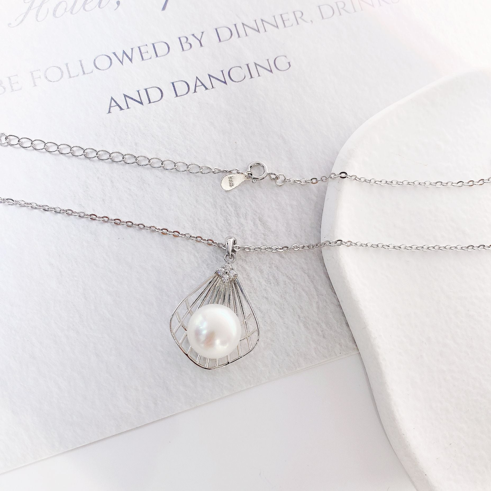 Natural Freshwater Pearl Hollow Fan-shape Pendant Silver Necklace for Women