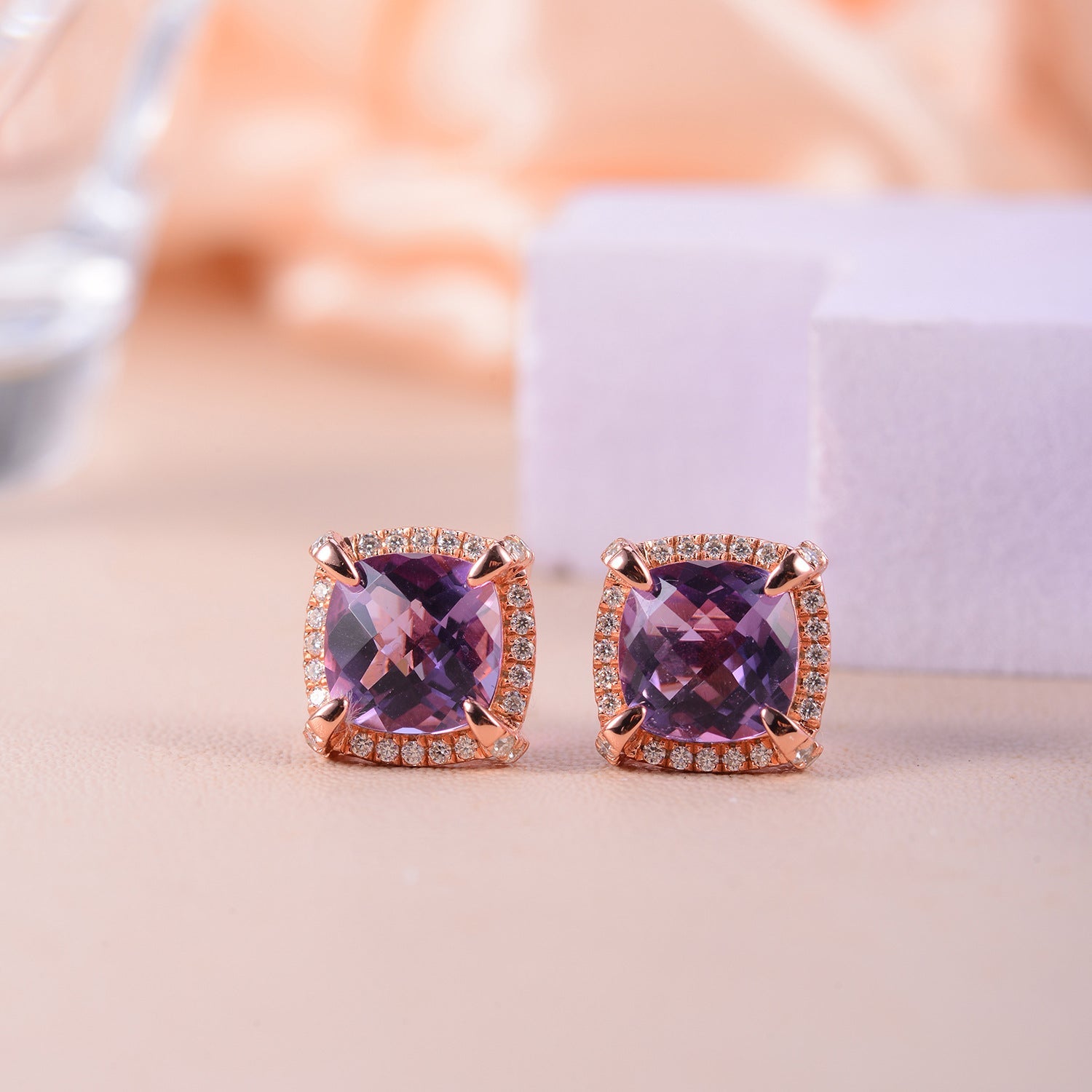 Soleste Halo Square Natural Amethyst Silver Stud Earrings