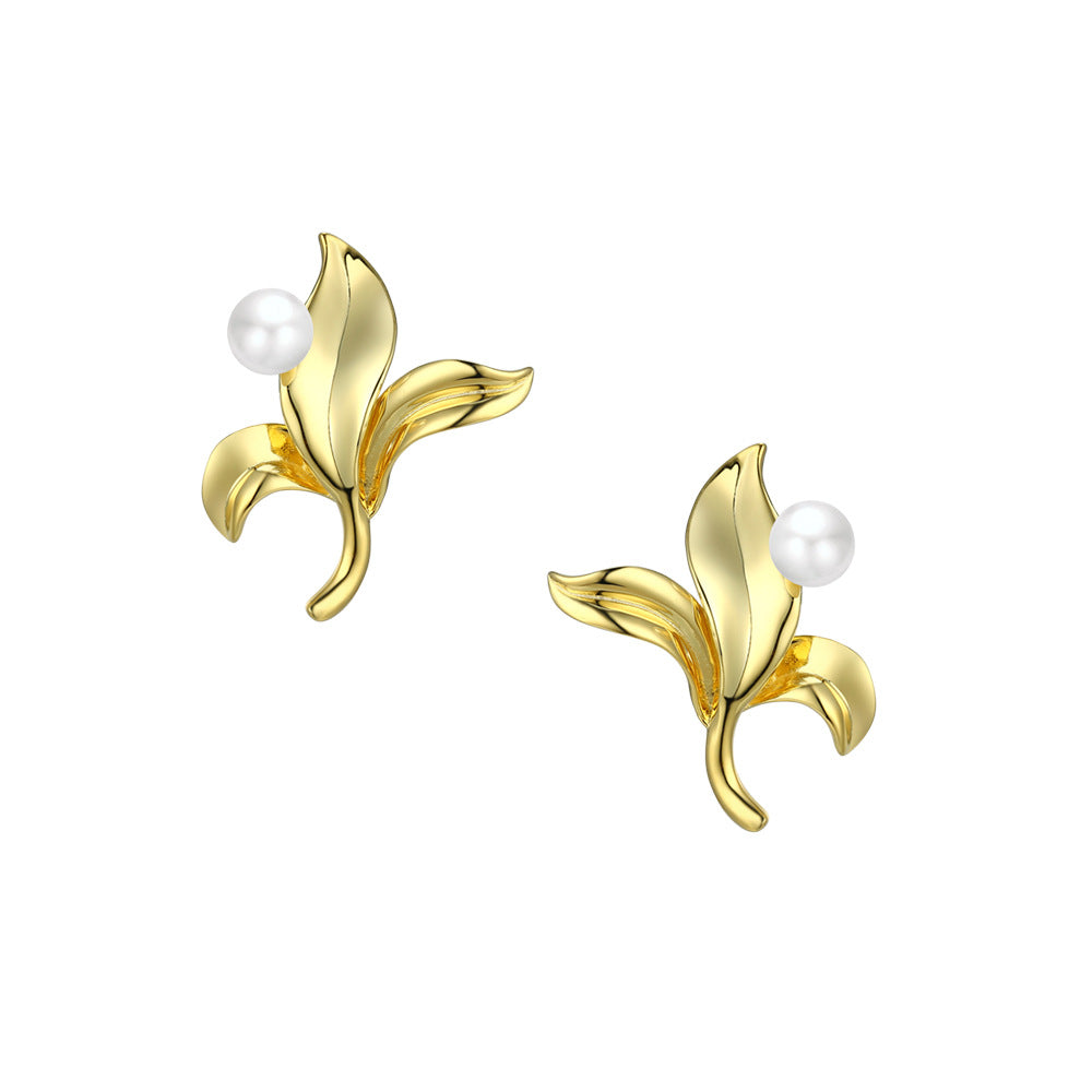 Iris Flower with Freshwater Pearl Silver Studs Earrings for Women