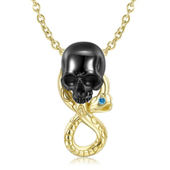 Halloween Black Skull and Golden Snake Silver Necklace