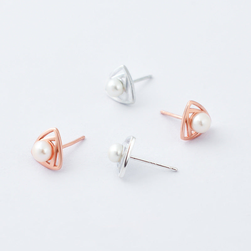 Triangle with Pearl Silver Studs Earrings for Women