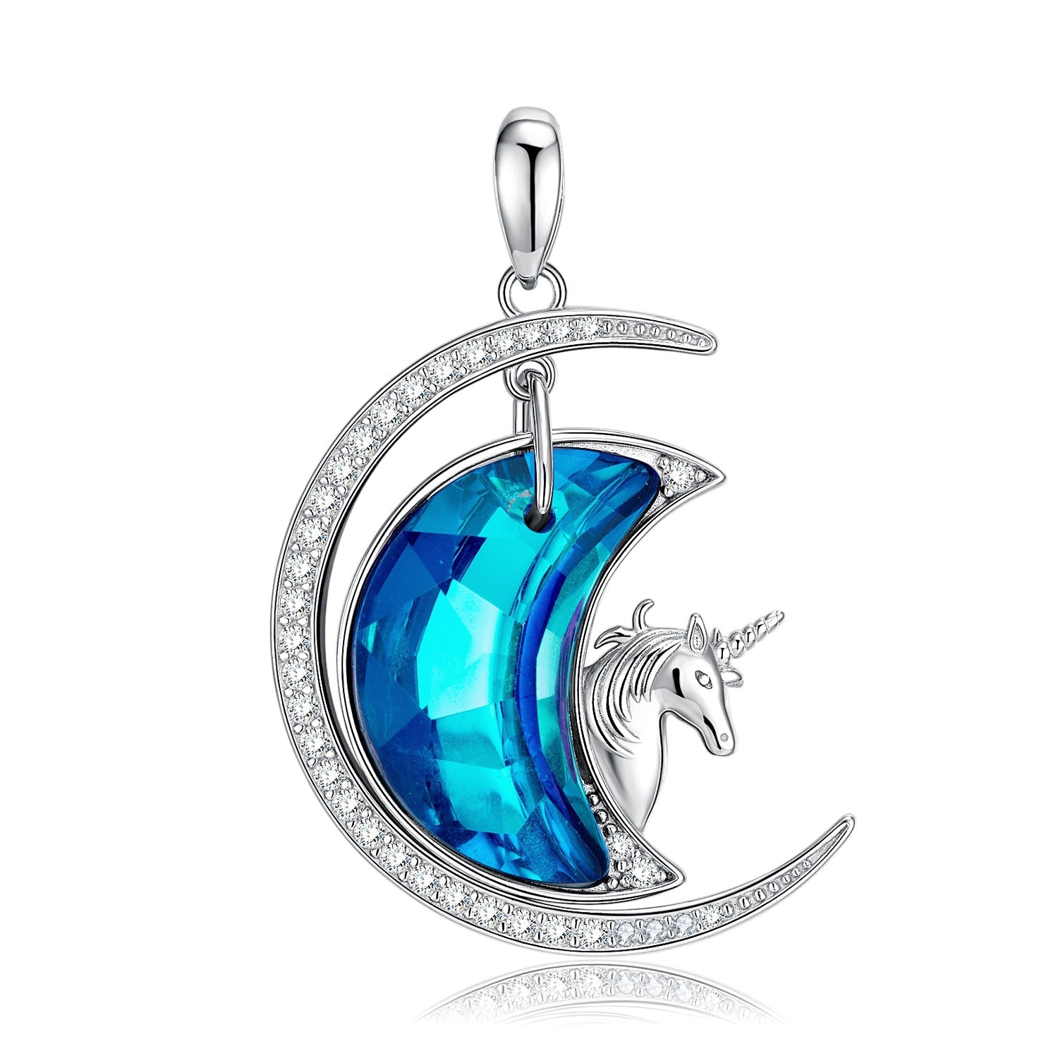 Blue Zircon Moon Unicorn Silver Necklace