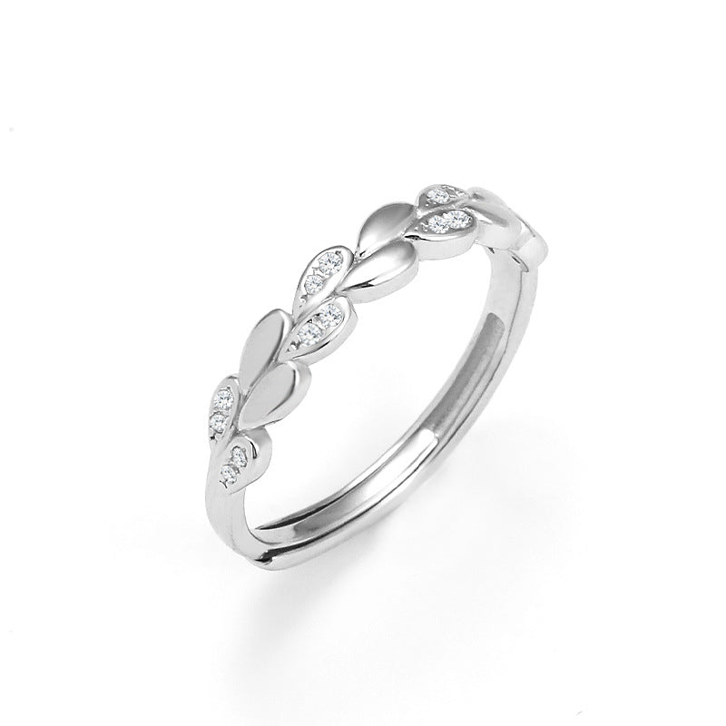 Leaf Design Zircon Opening Sterling Silver Ring