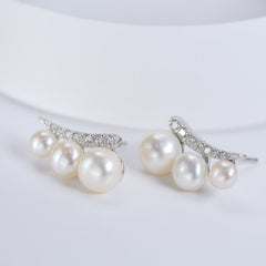 Three Freshwater Pearl with Zircon Silver Stud Earrings for Women