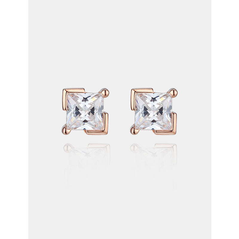 Princess Cut Zircon Four Prongs Silver Studs Earrings for Women