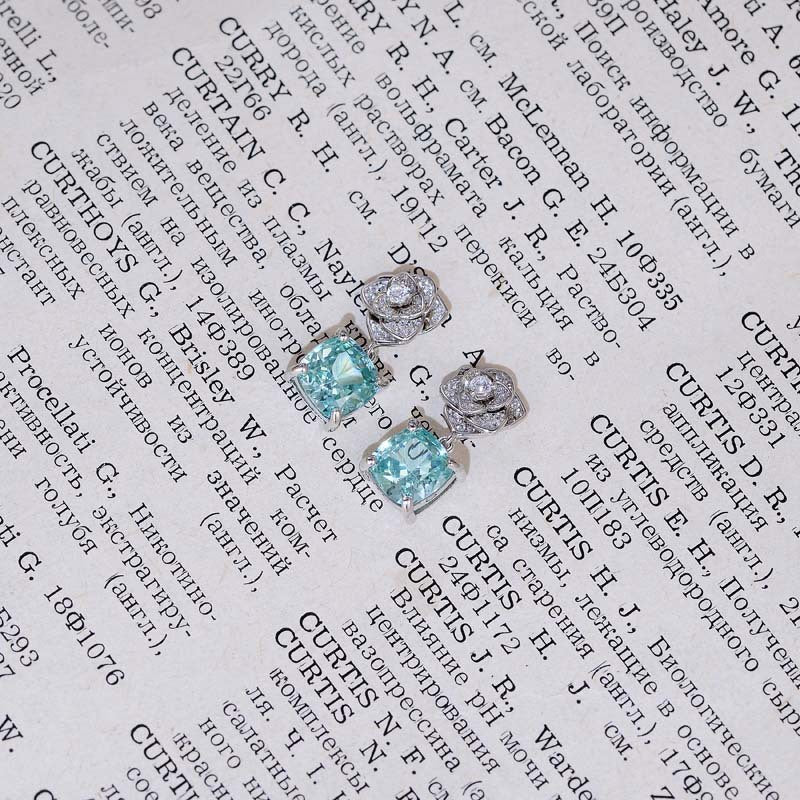 Square Green Zircon Camellia Drop Earrings