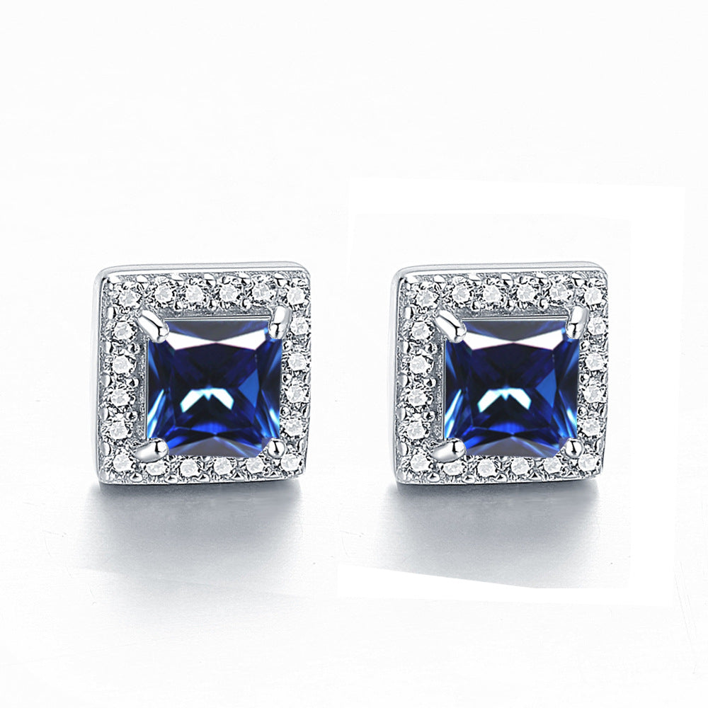 Square Zircon Soleste Halo Silver Studs Earrings for Women