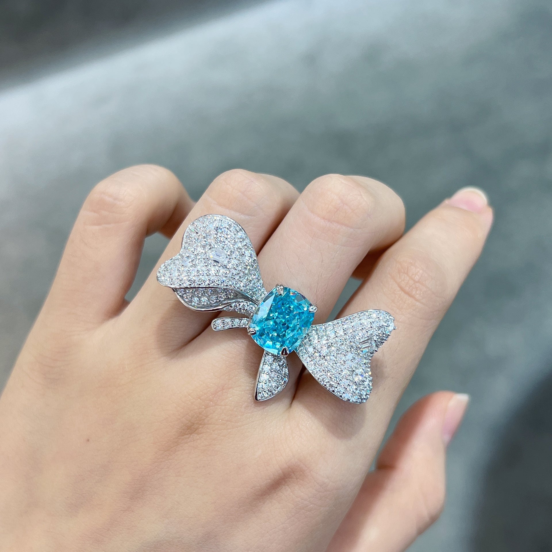 (Three Colours) Zircon 10*12mm Rectangle Ice Cut Bowknot Silver Ring for Women