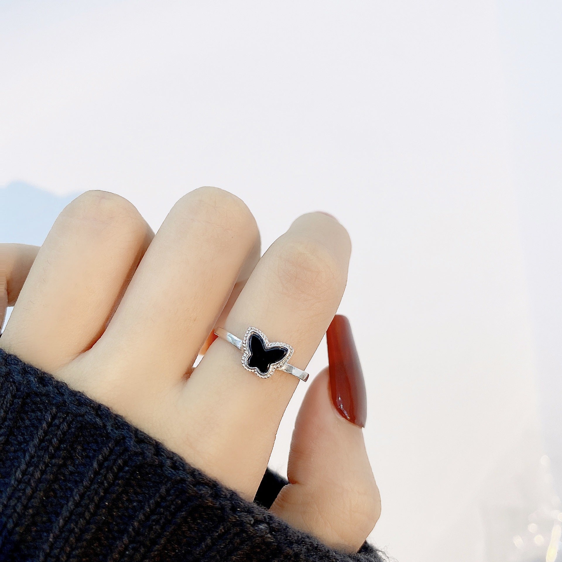 Black Colour Butterfly Silver Ring for Women