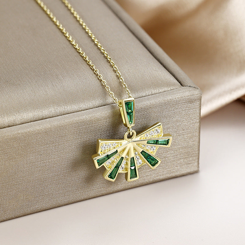 Green and White Zircon Fan Pendant Silver Necklace for Women