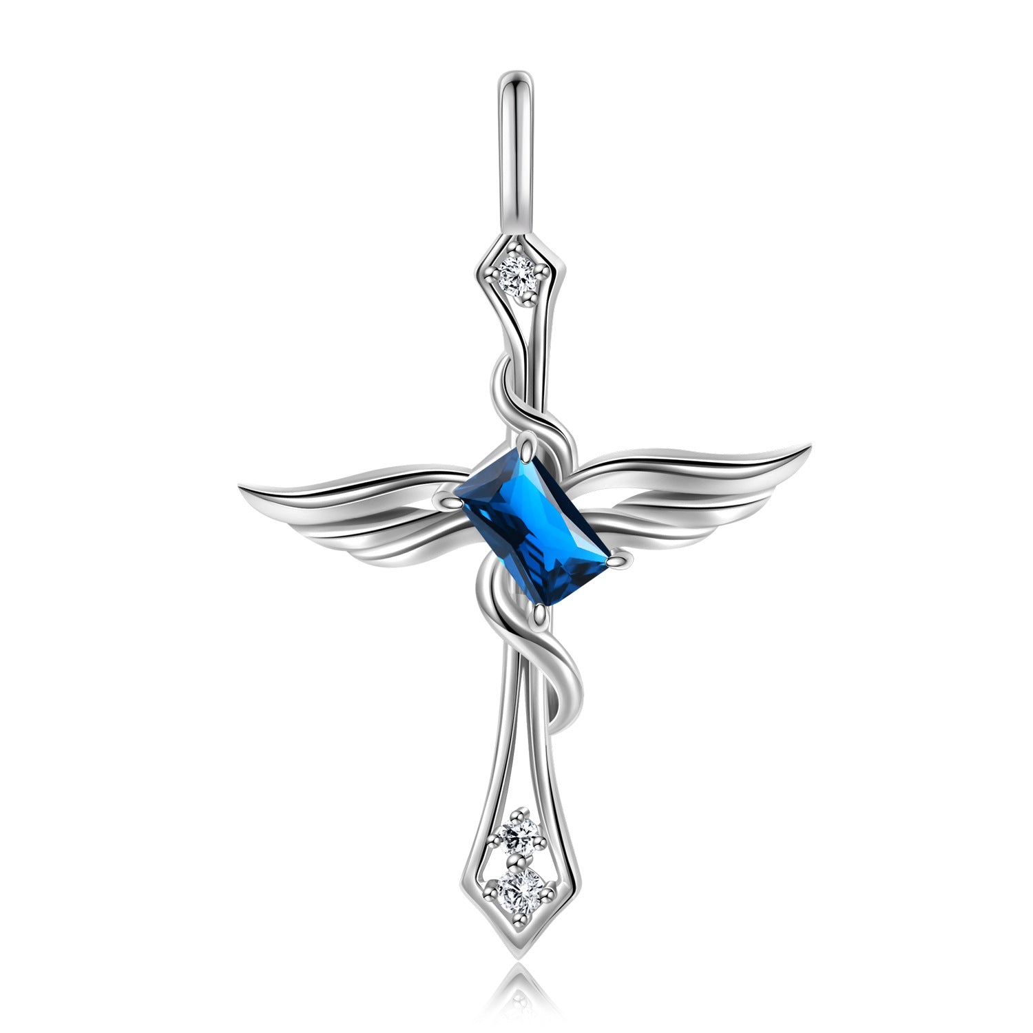 Colourful Radiant Cut Zircon Angle Wings Cross Pendant Silver Necklace