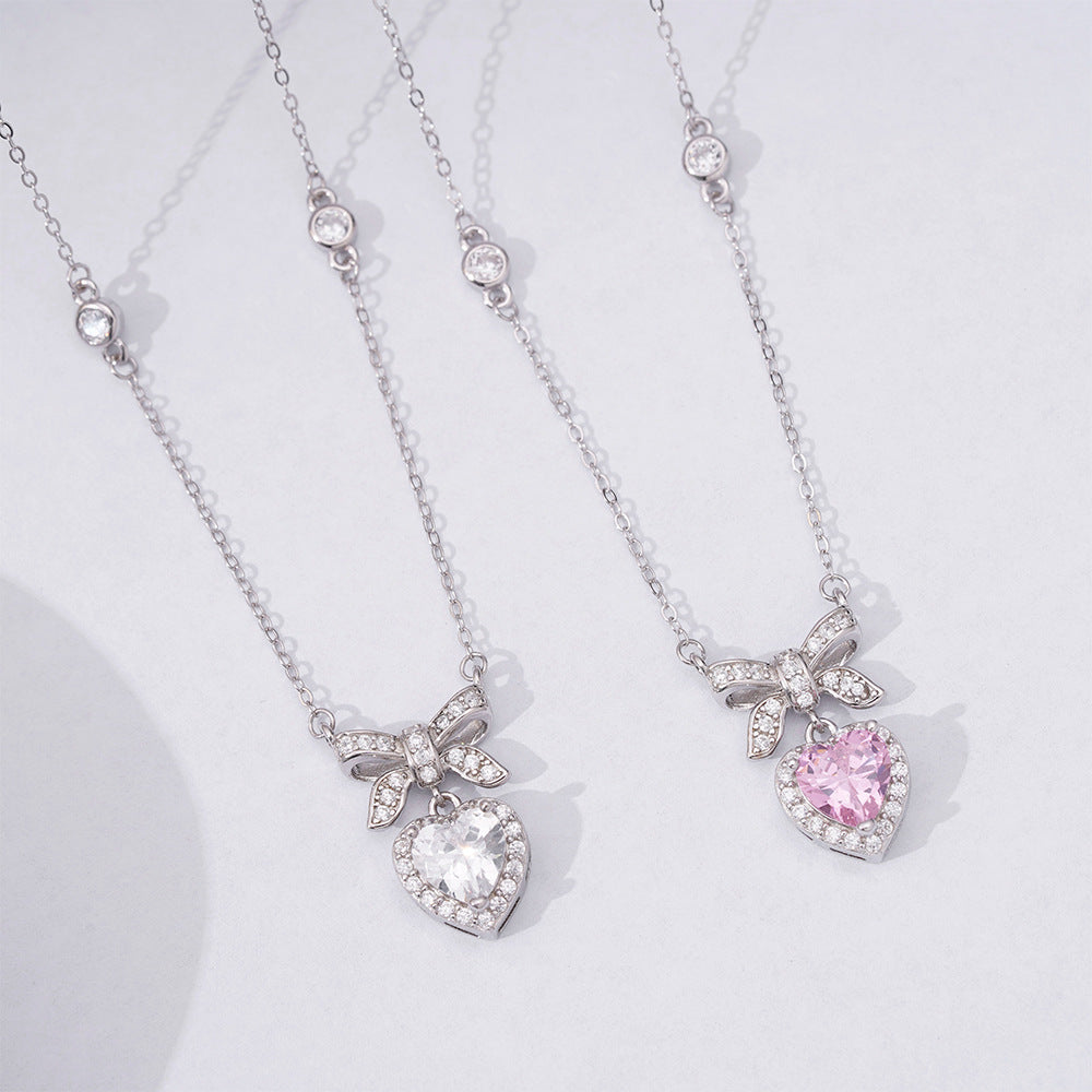 Bowknot Heart Shape Zircon Silver Necklace