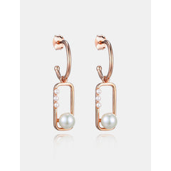 Hollow Rectangular with Pearl Silver Drop Earrings for Women