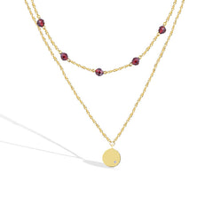 Red Garnet with Circle Pendant Double Layers Silver Necklace for Women