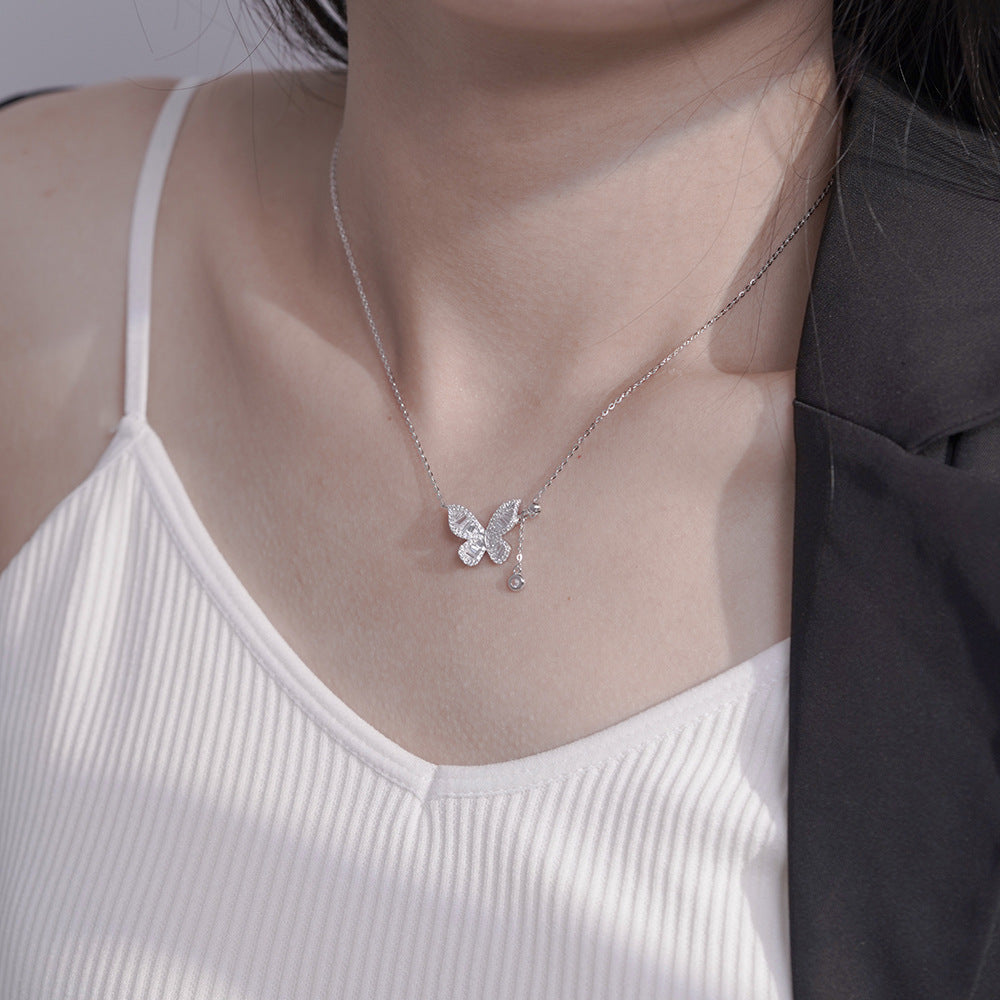 (Two Colours) White Zircon Butterfly Drooping Pendants Silver Collarbone Necklace for Women