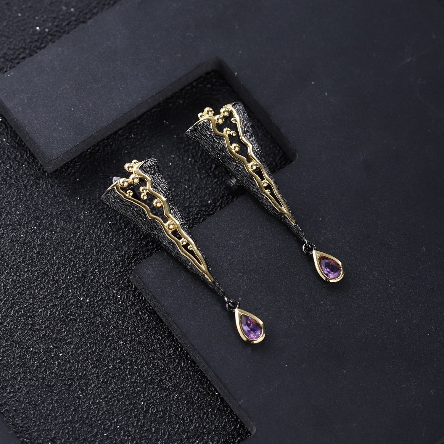 Italian Design Inlaid Natural Amethyst Geometric Triangle Silver Drop Earrings for Women