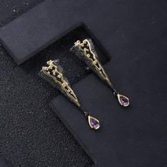 Italian Design Inlaid Natural Amethyst Geometric Triangle Silver Drop Earrings for Women