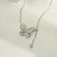 (Two Colours) White Zircon Butterfly Drooping Pendants Silver Collarbone Necklace for Women