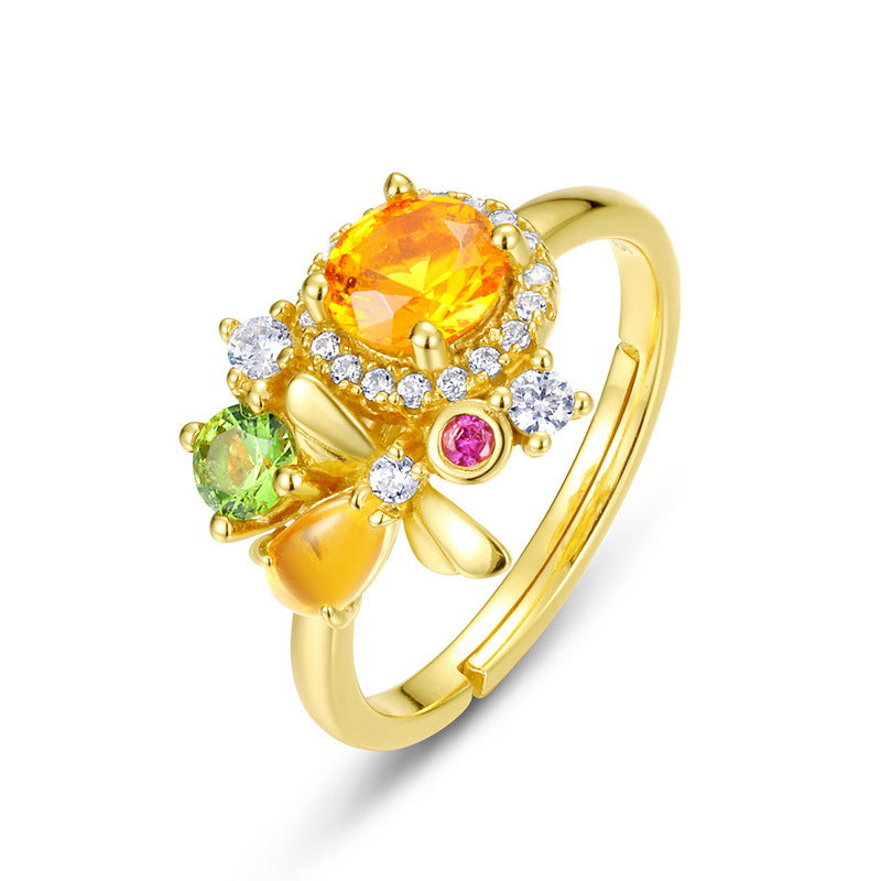 Bee Flower Colourful Gemstones Opening Sterling Silver Ring