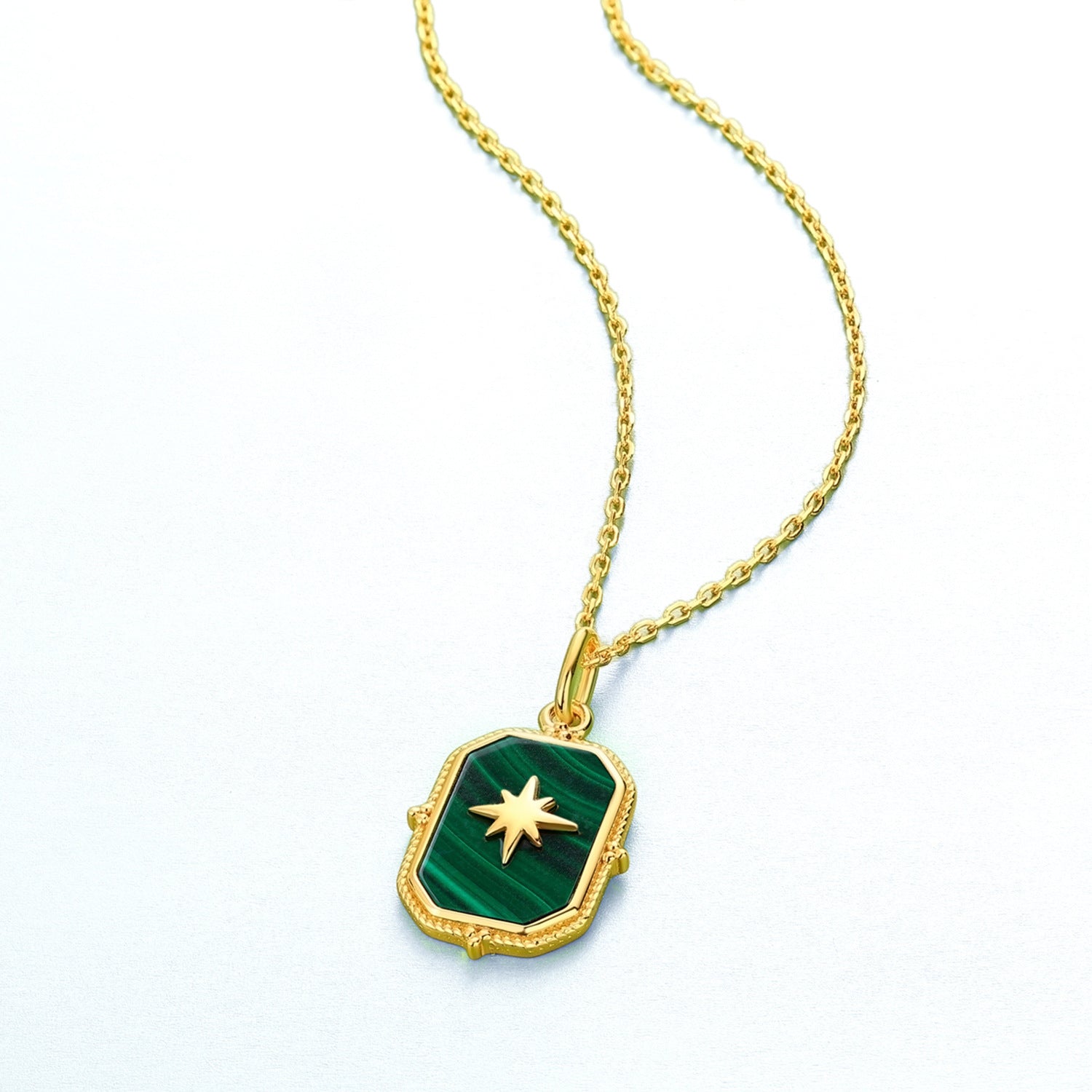 Geometric Rectangular Octagon Malachite Star Sterling Silver Pendant