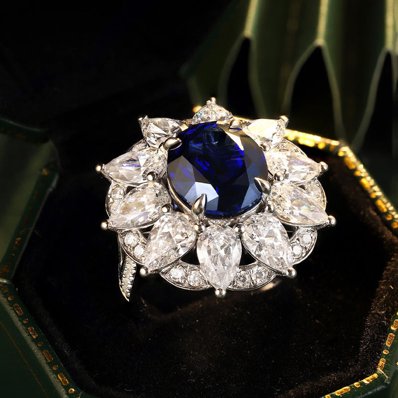 Luxury Flower Halo Lab Created Sapphires Oval Ring