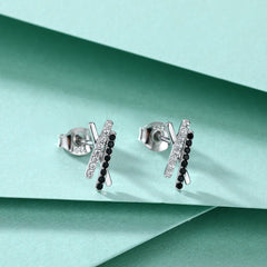 Irregular X with Black Zircon Silver Studs Earrings for Women