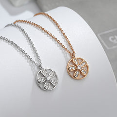 Zircon Five-leaves Grass Circle Pendant Silver Necklace for Women