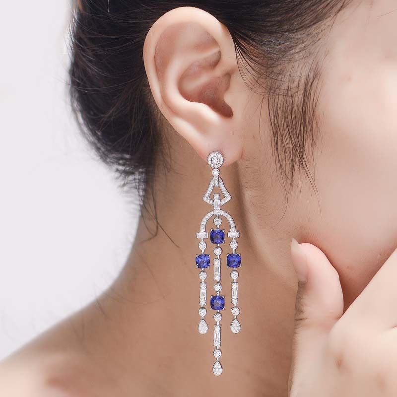 Tassels Lab-Created Sapphires Silver Drop Earrings