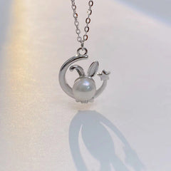 Star Moon Natural Pearl Rabbit Pendant Silver Necklace for Women