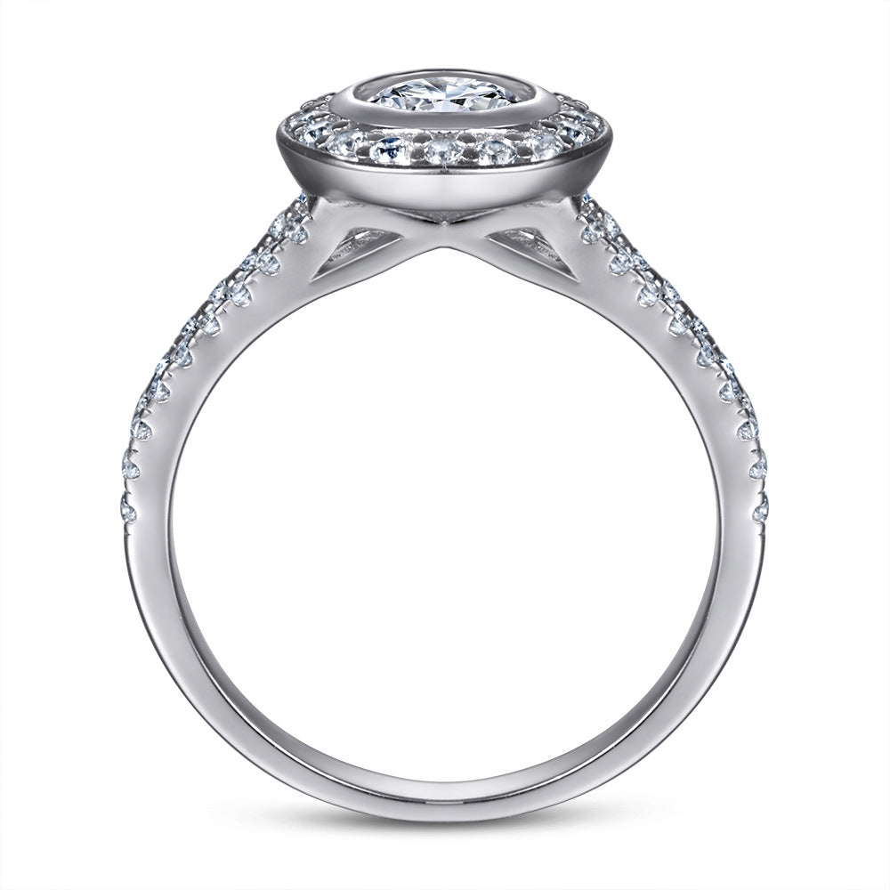 Round Zircon Soleste Halo Modern Split Shank Silver Ring