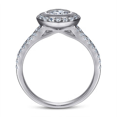 Round Zircon Soleste Halo Modern Split Shank Silver Ring