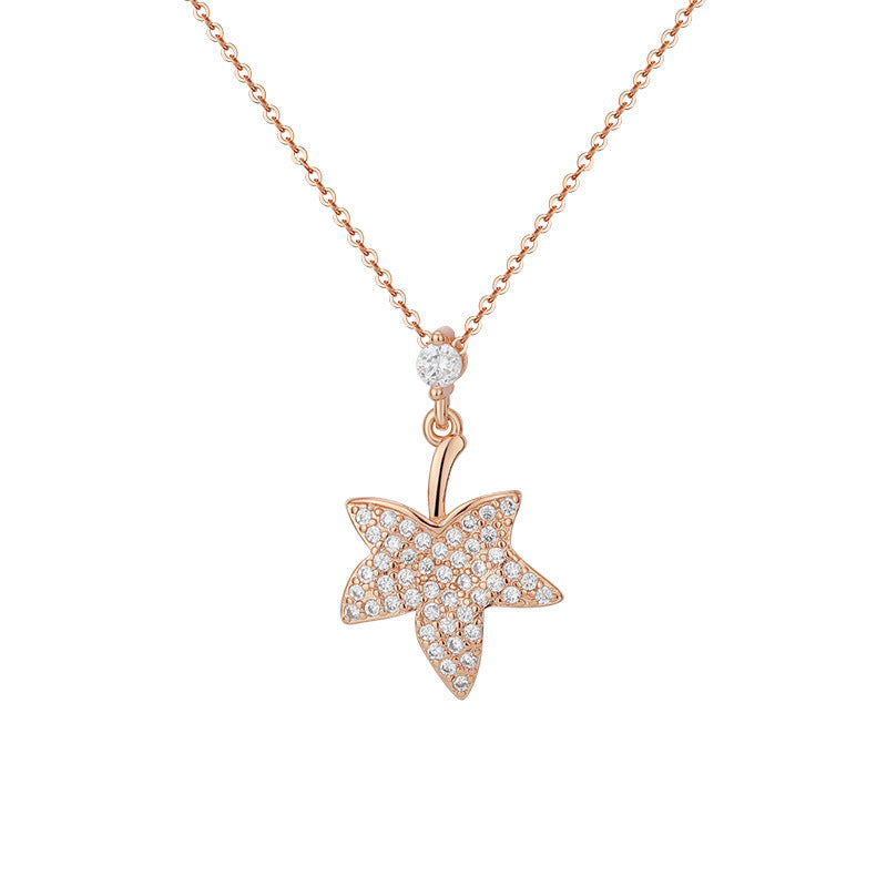 Zircon Maple Leaves Pendant Silver Necklace  for Women