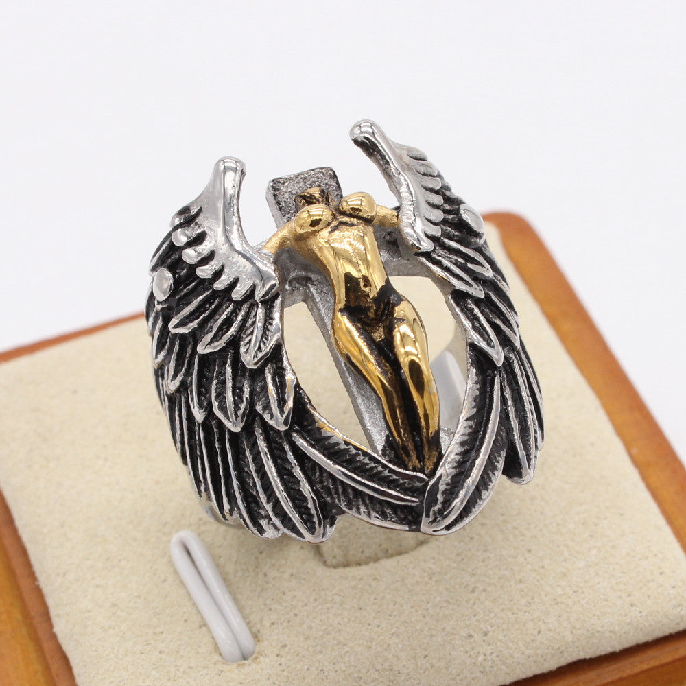 Europe and America Wholesale of Personalized Retro Cross Angel Men's Titanium Steel Ring