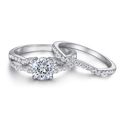 Round Zircon Modern Split Shank Silver Ring Set