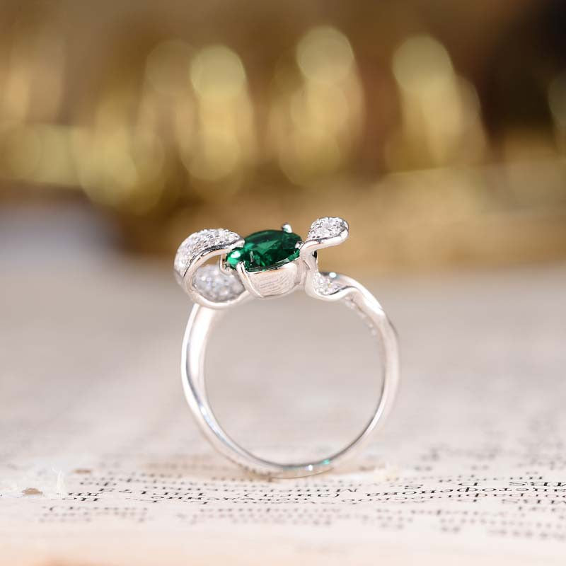 Oval Cut Lab Created Emerald Waves Silver Ring