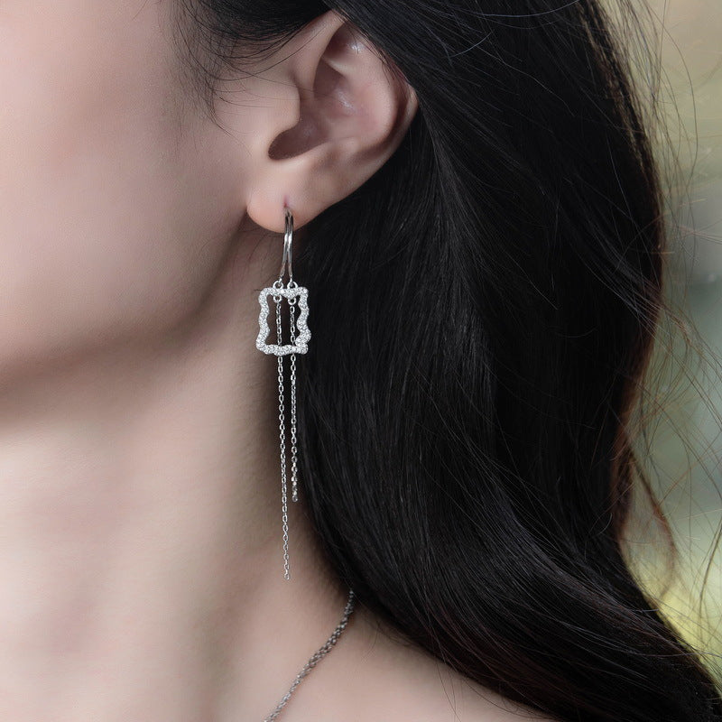 Zircon Hollow Wavy Rectangle Tassel Sterling Silver Drop Earrings