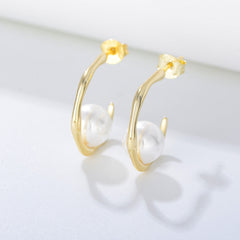 Single Pearl Geometric C-shaped Silver Studs Earrings for Women