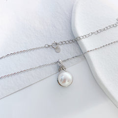 Round Natural Pearl with Zircon Rope Knot Pendant Silver Necklace for Women