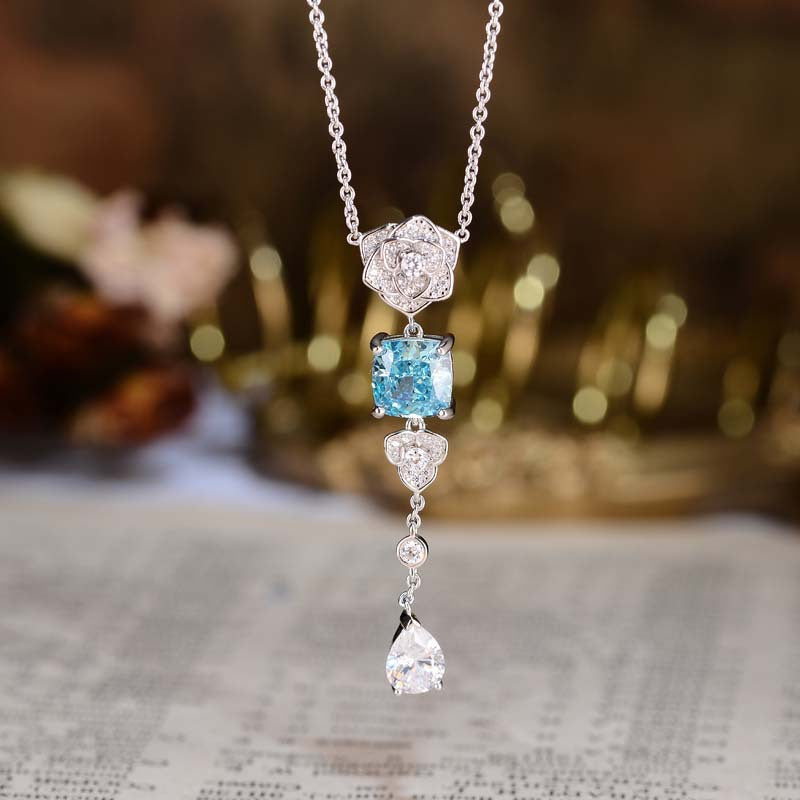 Square Blue Zircon Camellia Tassel Necklace